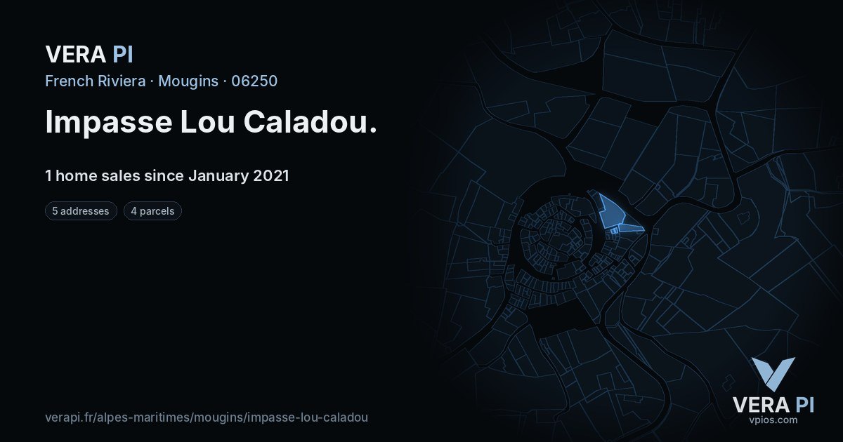 Impasse Lou Caladou, Mougins at night – every parcel coloured by the prices around it, the street's own parcels lit