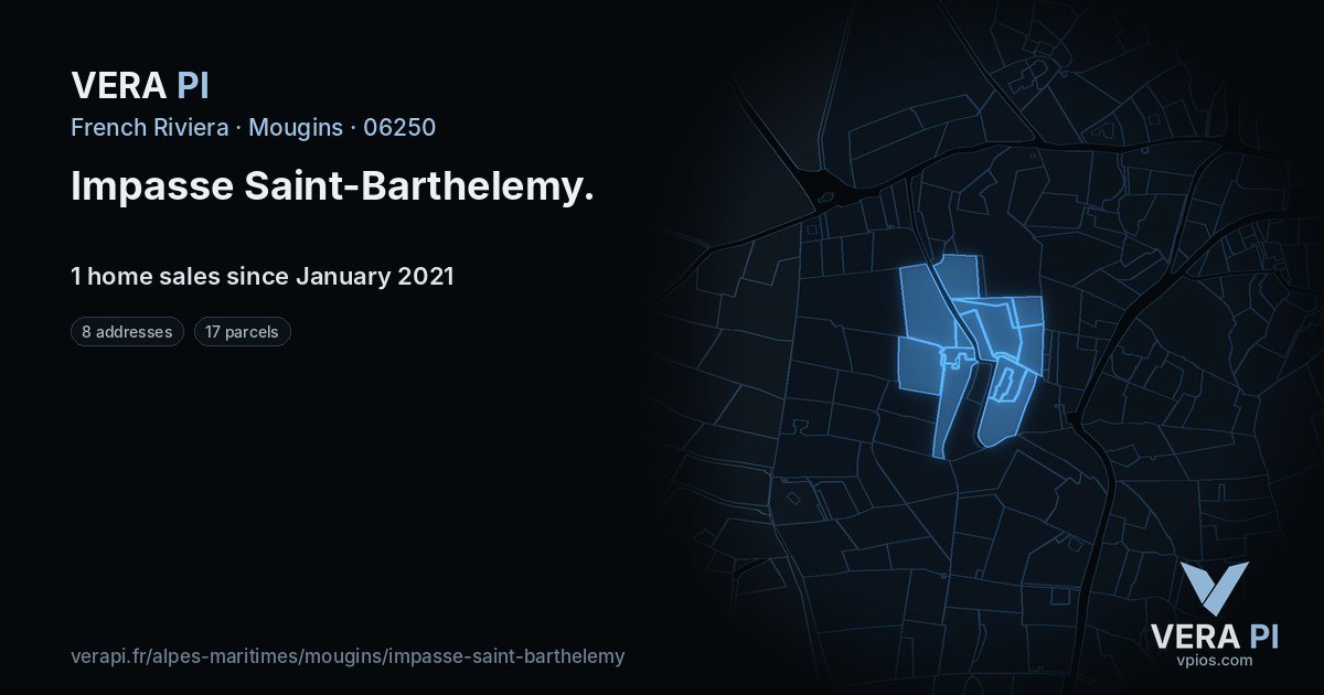 Impasse Saint-Barthelemy, Mougins at night – every parcel coloured by the prices around it, the street's own parcels lit
