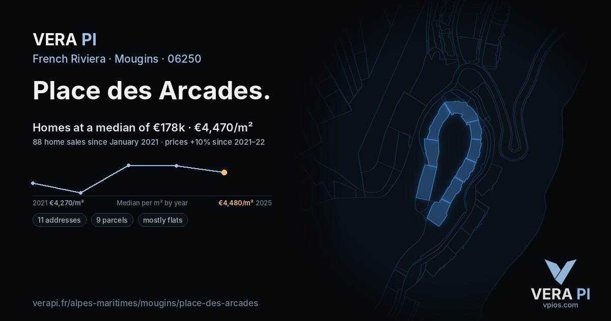 Place des Arcades, Mougins at night – every parcel coloured by the prices around it, the street's own parcels lit