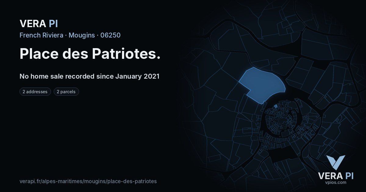 Place des Patriotes, Mougins at night – every parcel coloured by the prices around it, the street's own parcels lit