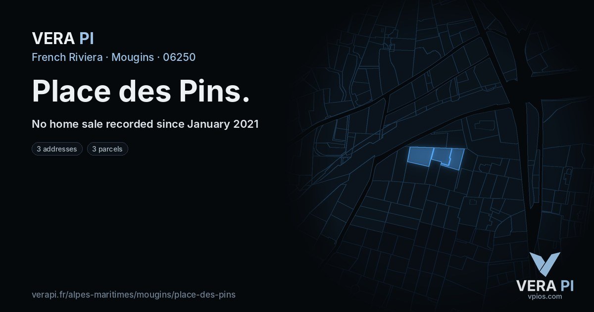 Place des Pins, Mougins at night – every parcel coloured by the prices around it, the street's own parcels lit