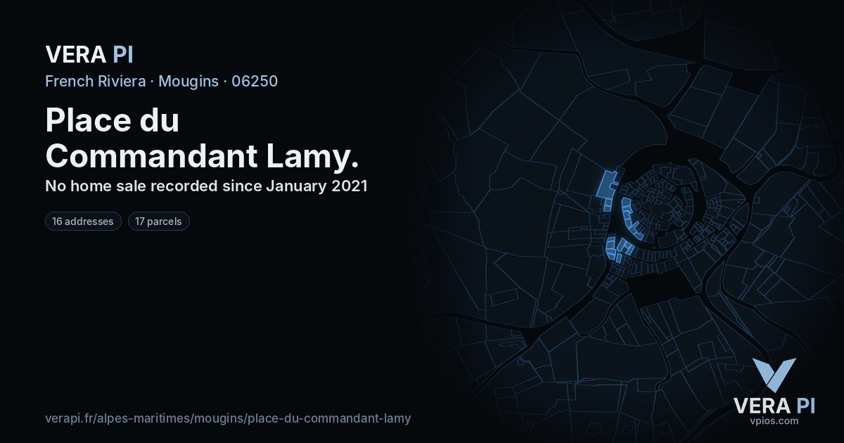 Place du Commandant Lamy, Mougins at night – every parcel coloured by the prices around it, the street's own parcels lit