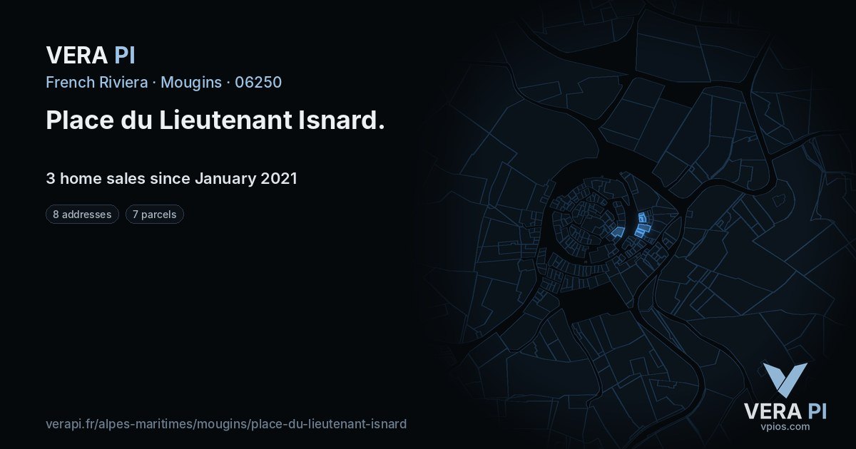Place du Lieutenant Isnard, Mougins at night – every parcel coloured by the prices around it, the street's own parcels lit