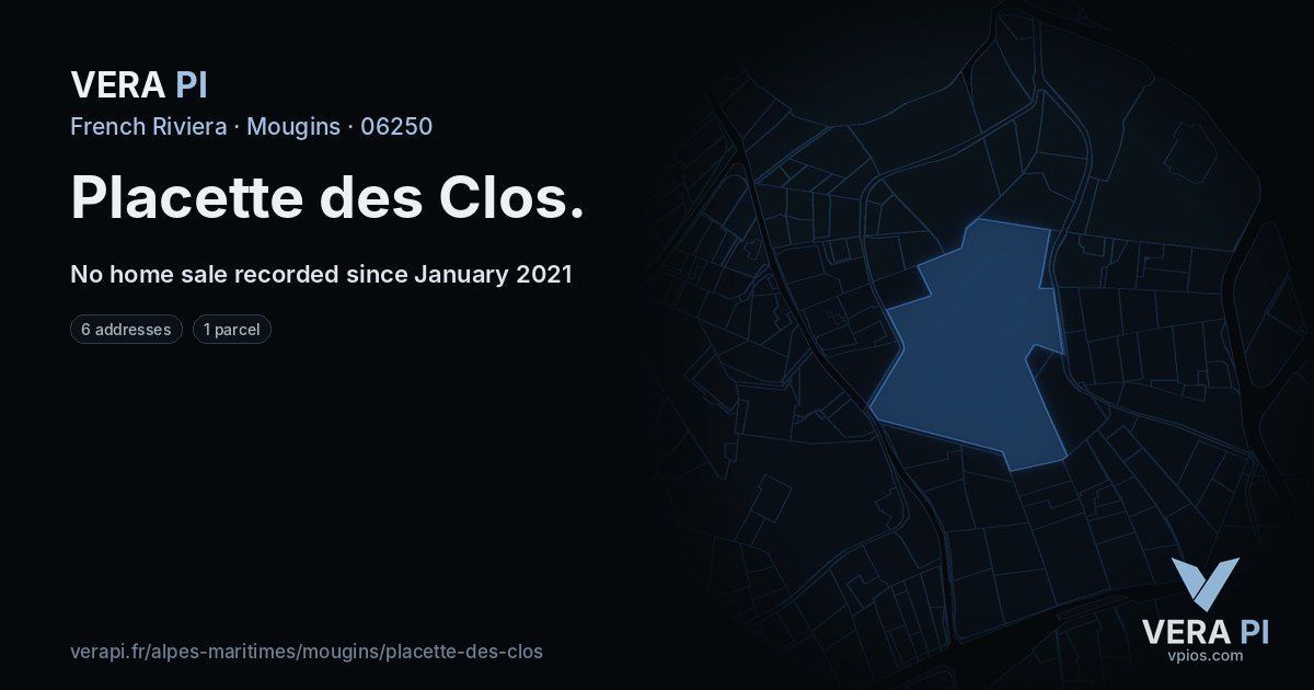 Placette des Clos, Mougins at night – every parcel coloured by the prices around it, the street's own parcels lit