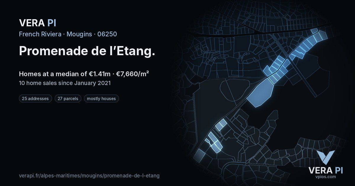 Promenade de l’Etang, Mougins at night – every parcel coloured by the prices around it, the street's own parcels lit