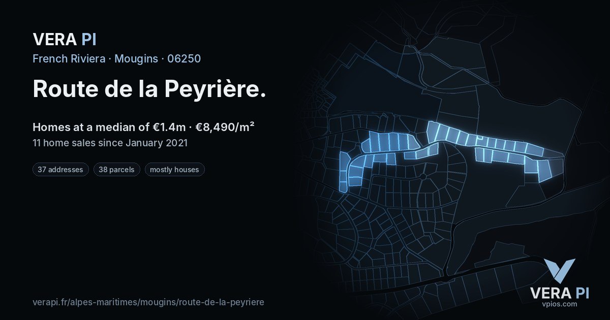 Route de la Peyrière, Mougins at night – every parcel coloured by the prices around it, the street's own parcels lit