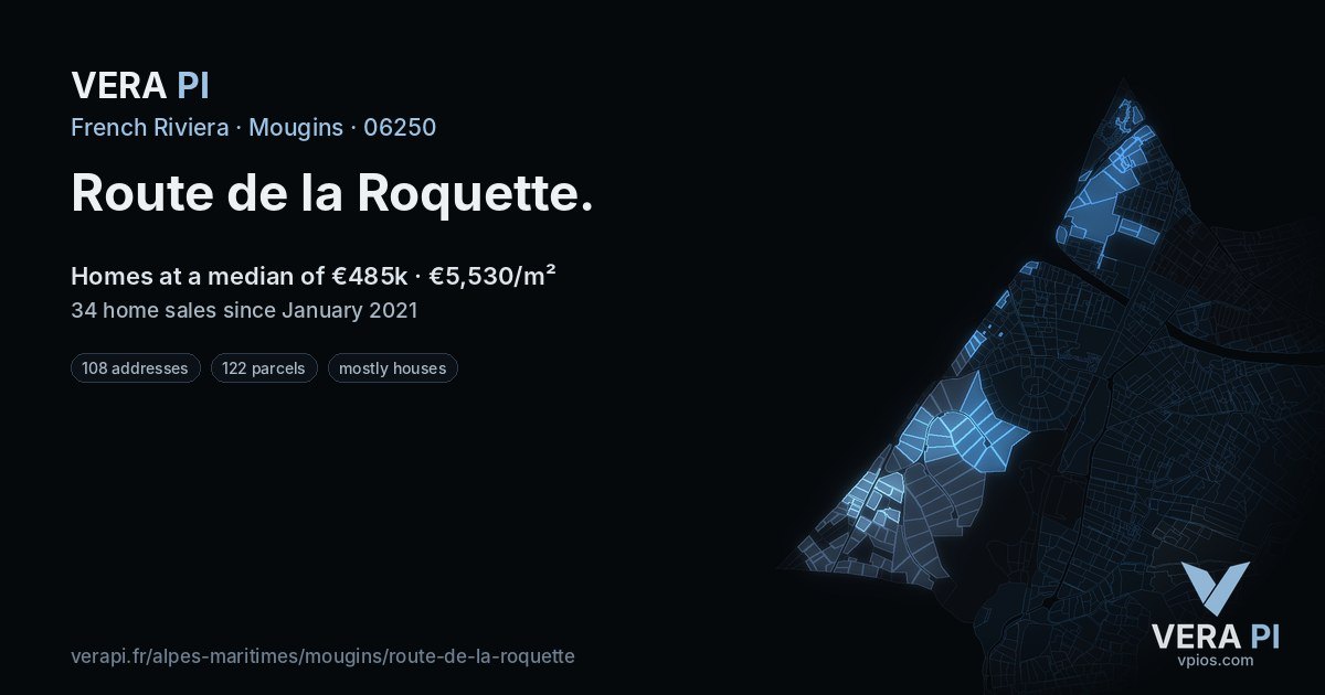 Route de la Roquette, Mougins at night – every parcel coloured by the prices around it, the street's own parcels lit