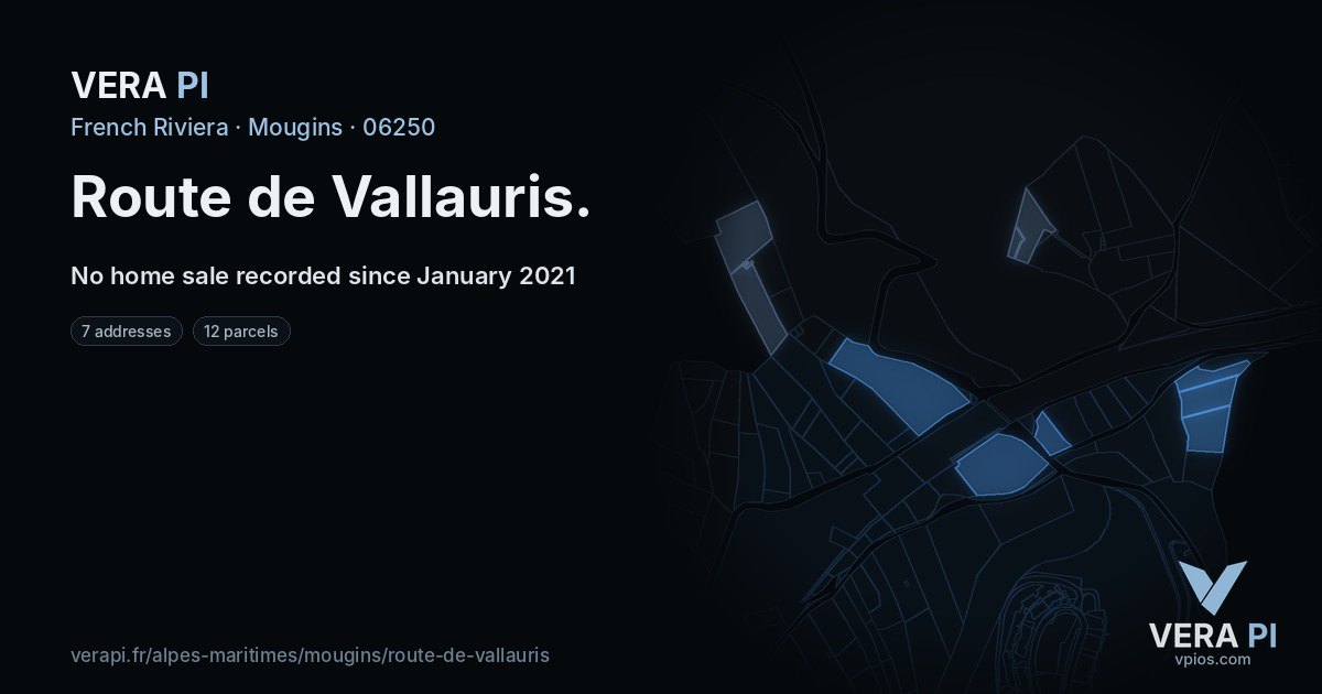 Route de Vallauris, Mougins at night – every parcel coloured by the prices around it, the street's own parcels lit