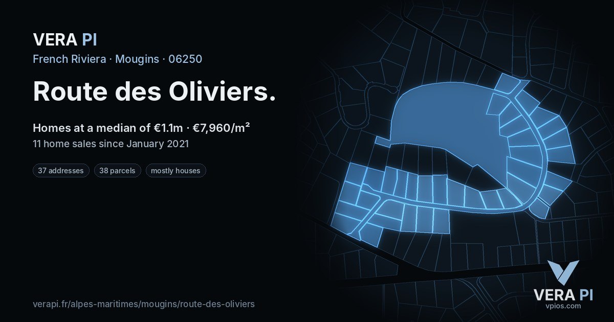 Route des Oliviers, Mougins at night – every parcel coloured by the prices around it, the street's own parcels lit