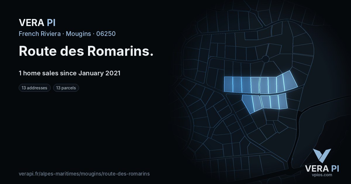 Route des Romarins, Mougins at night – every parcel coloured by the prices around it, the street's own parcels lit