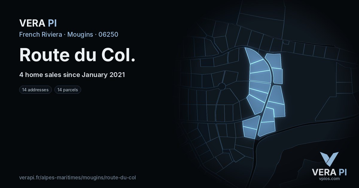 Route du Col, Mougins at night – every parcel coloured by the prices around it, the street's own parcels lit