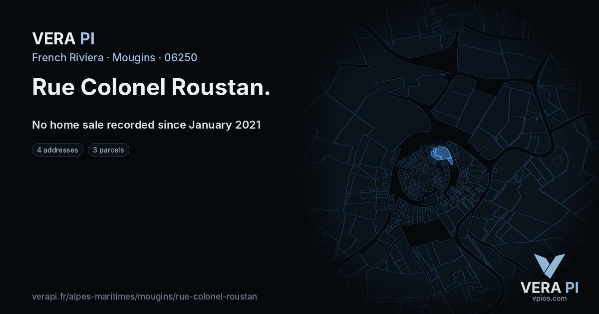 Rue Colonel Roustan, Mougins at night – every parcel coloured by the prices around it, the street's own parcels lit