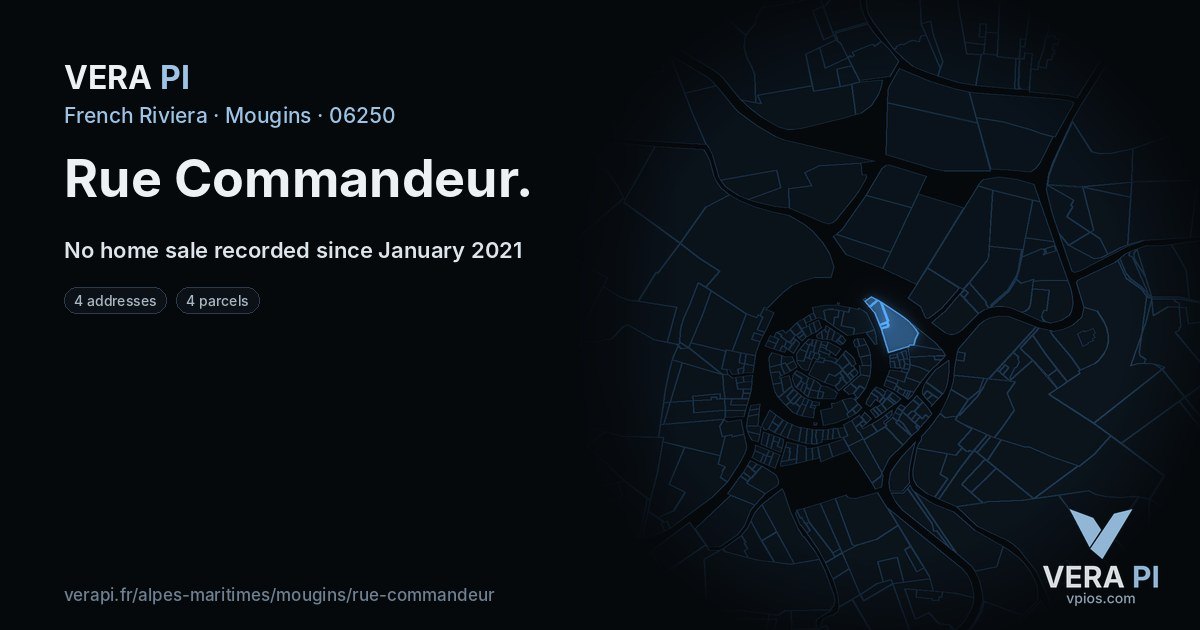 Rue Commandeur, Mougins at night – every parcel coloured by the prices around it, the street's own parcels lit