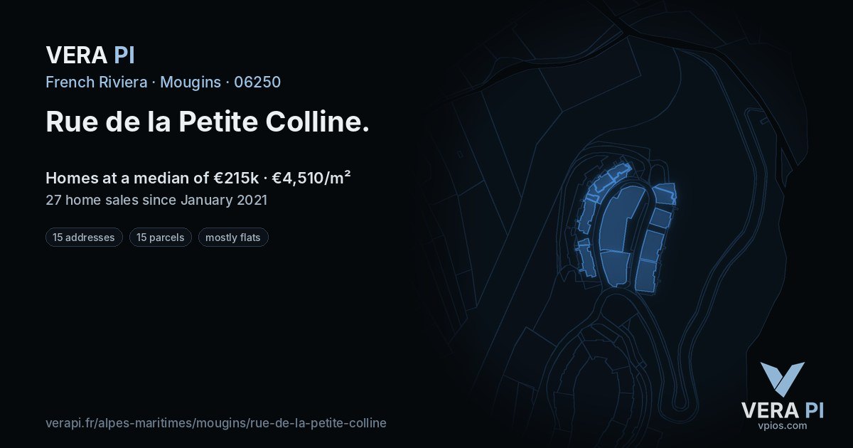 Rue de la Petite Colline, Mougins at night – every parcel coloured by the prices around it, the street's own parcels lit