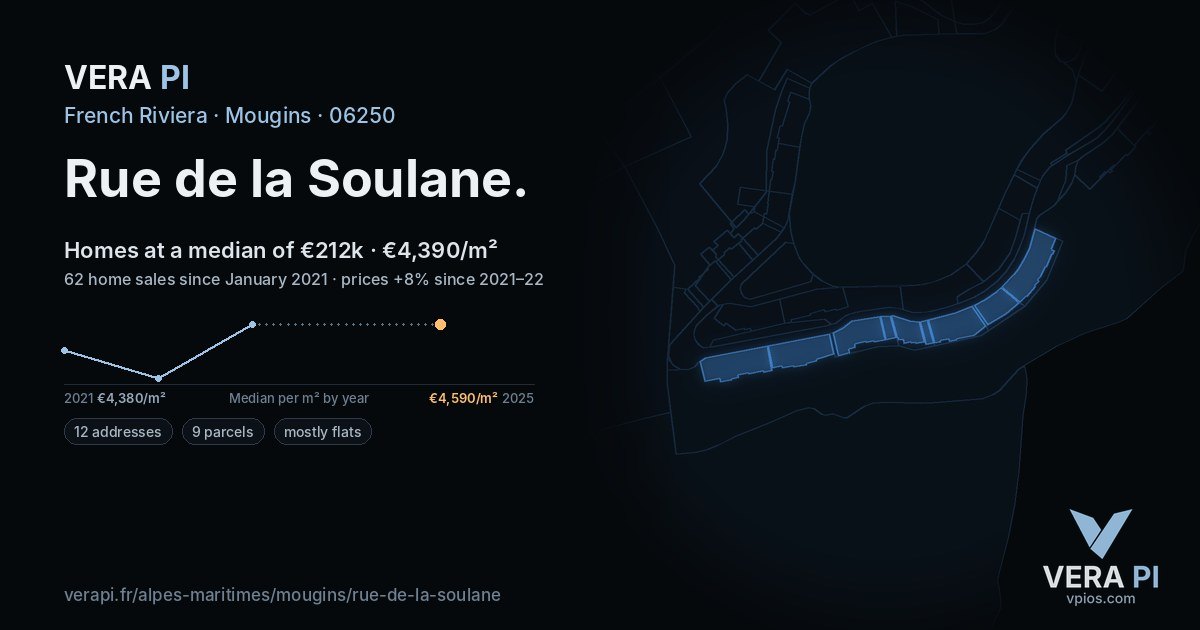 Rue de la Soulane, Mougins at night – every parcel coloured by the prices around it, the street's own parcels lit