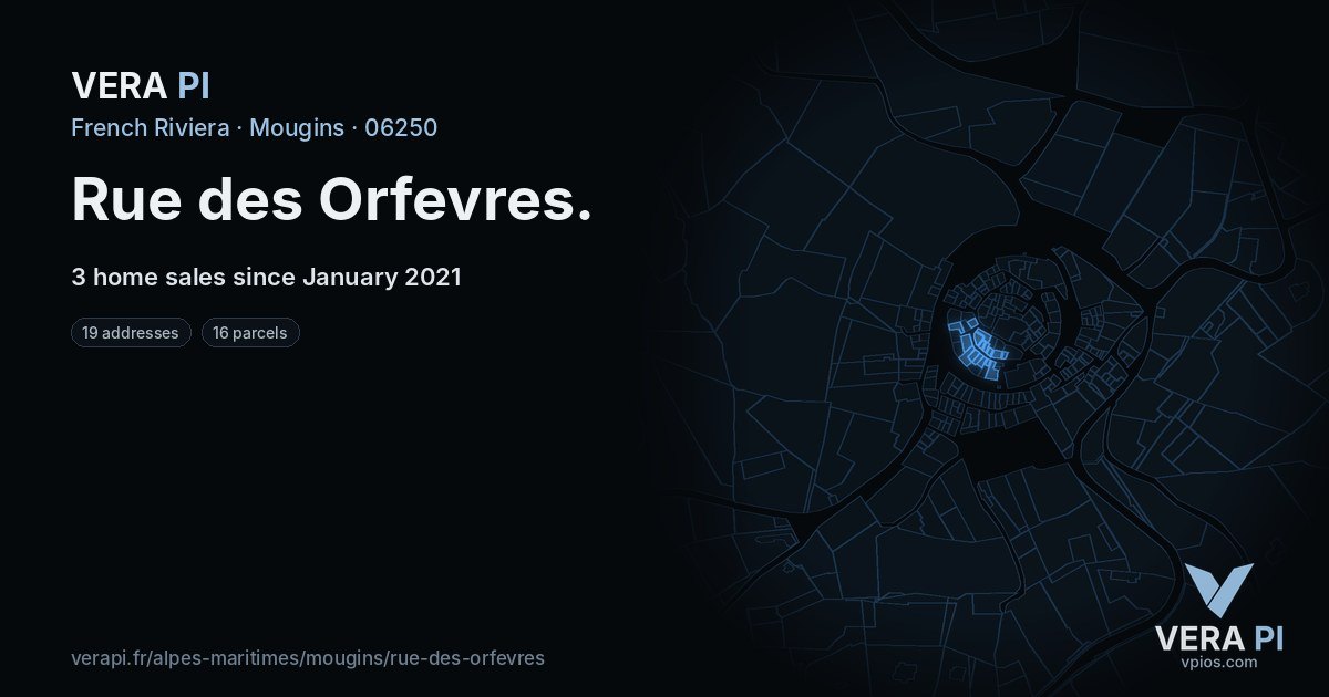 Rue des Orfevres, Mougins at night – every parcel coloured by the prices around it, the street's own parcels lit