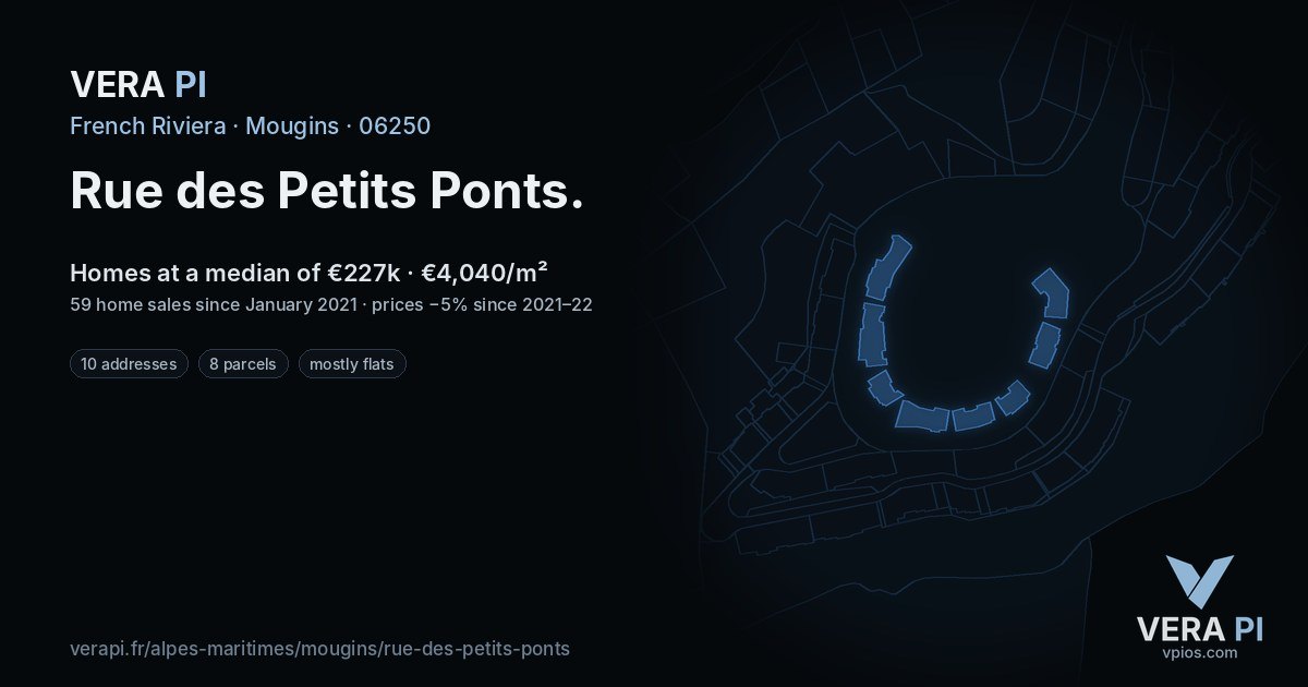 Rue des Petits Ponts, Mougins at night – every parcel coloured by the prices around it, the street's own parcels lit