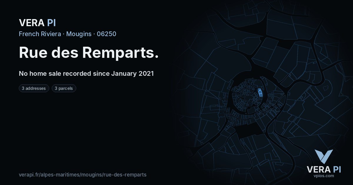 Rue des Remparts, Mougins at night – every parcel coloured by the prices around it, the street's own parcels lit