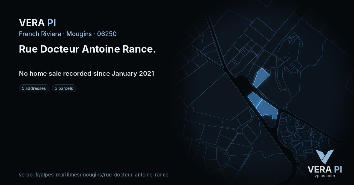 Rue Docteur Antoine Rance, Mougins at night – every parcel coloured by the prices around it, the street's own parcels lit