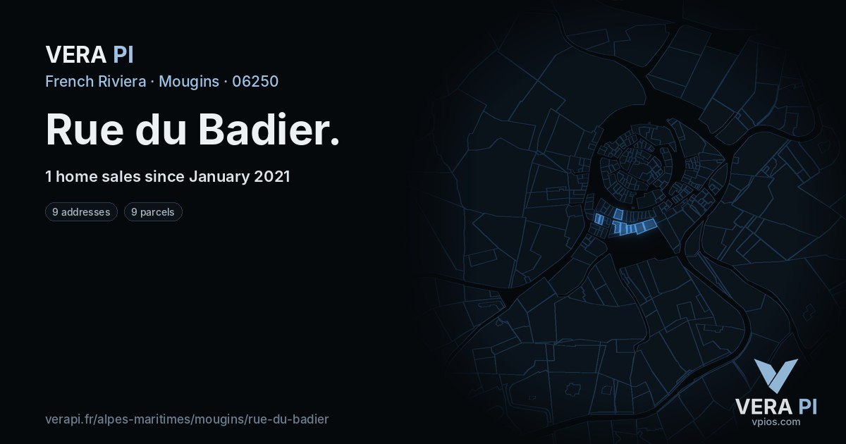 Rue du Badier, Mougins at night – every parcel coloured by the prices around it, the street's own parcels lit