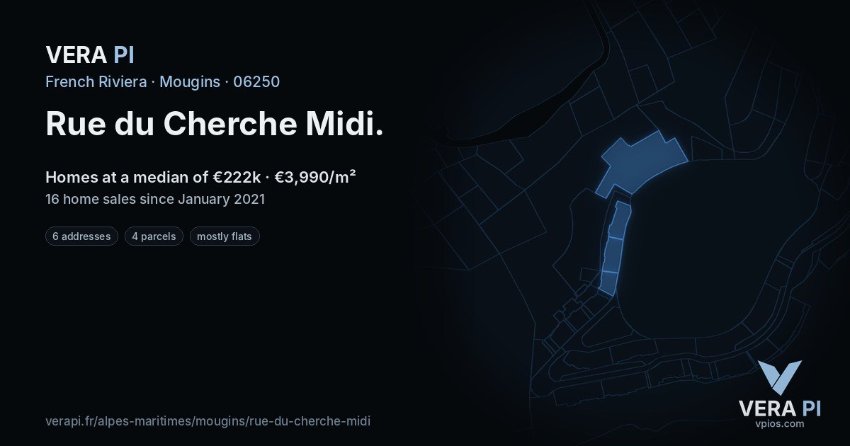 Rue du Cherche Midi, Mougins at night – every parcel coloured by the prices around it, the street's own parcels lit