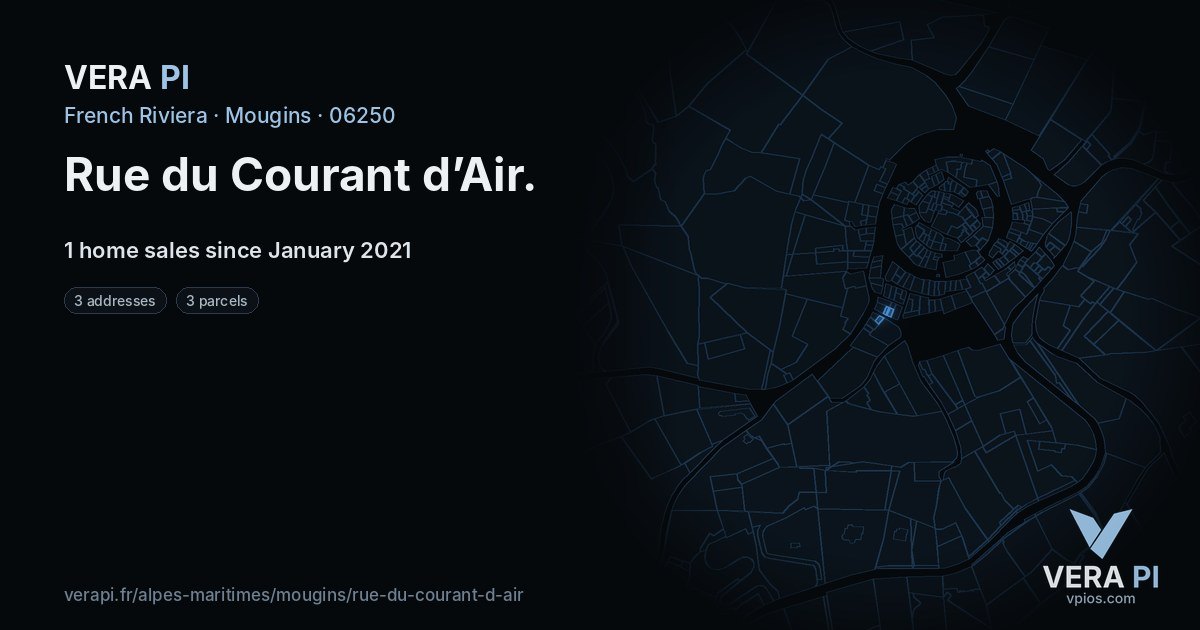 Rue du Courant d’Air, Mougins at night – every parcel coloured by the prices around it, the street's own parcels lit