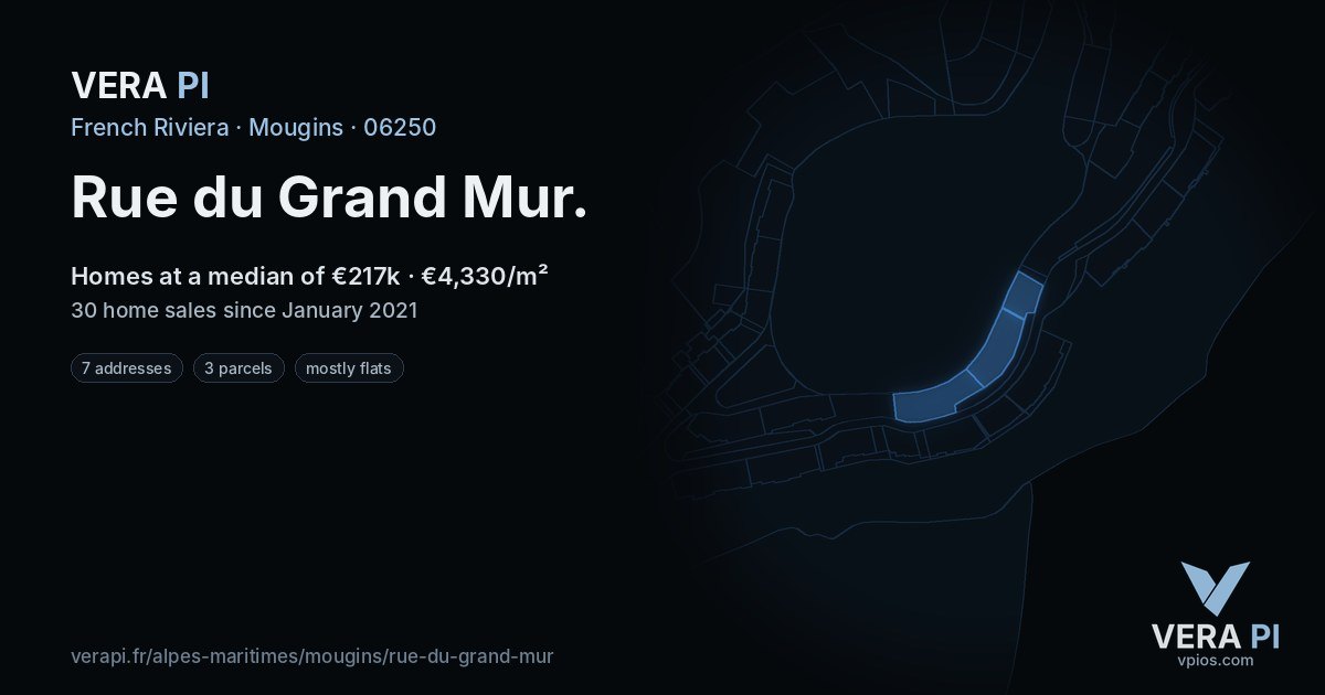 Rue du Grand Mur, Mougins at night – every parcel coloured by the prices around it, the street's own parcels lit