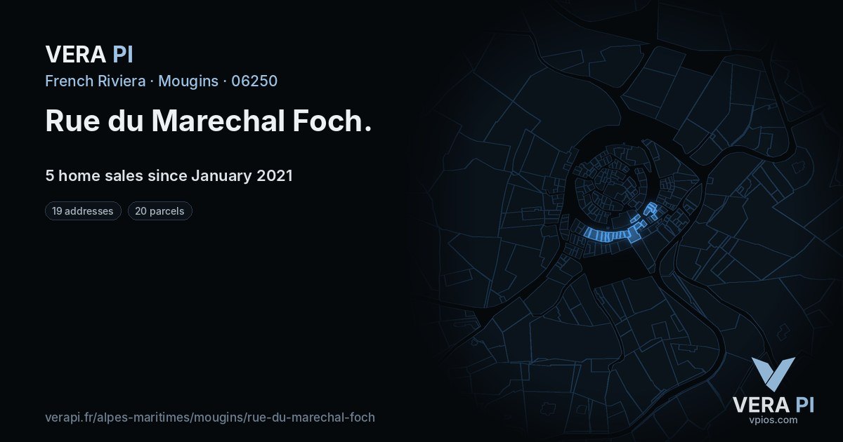 Rue du Marechal Foch, Mougins at night – every parcel coloured by the prices around it, the street's own parcels lit