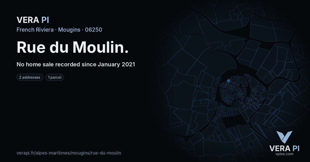 Rue du Moulin, Mougins at night – every parcel coloured by the prices around it, the street's own parcels lit