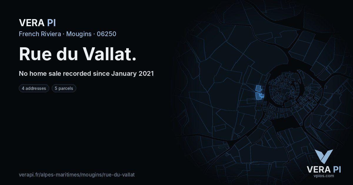 Rue du Vallat, Mougins at night – every parcel coloured by the prices around it, the street's own parcels lit