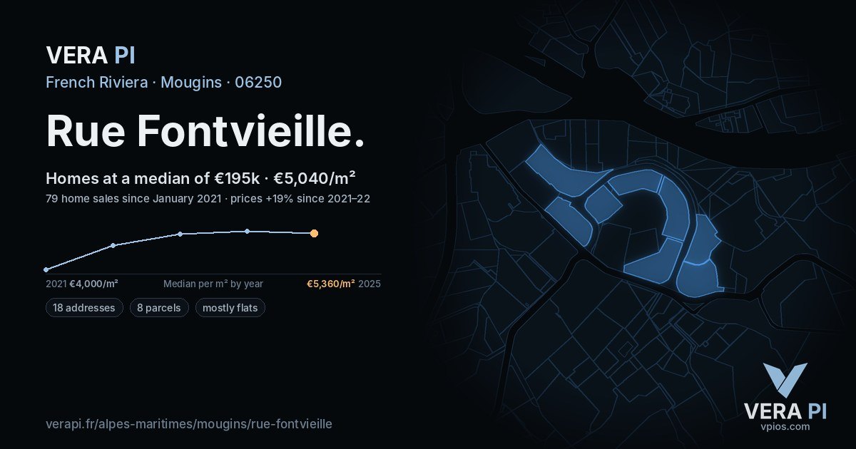 Rue Fontvieille, Mougins at night – every parcel coloured by the prices around it, the street's own parcels lit