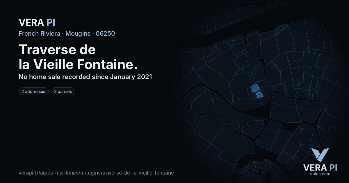 Traverse de la Vieille Fontaine, Mougins at night – every parcel coloured by the prices around it, the street's own parcels lit