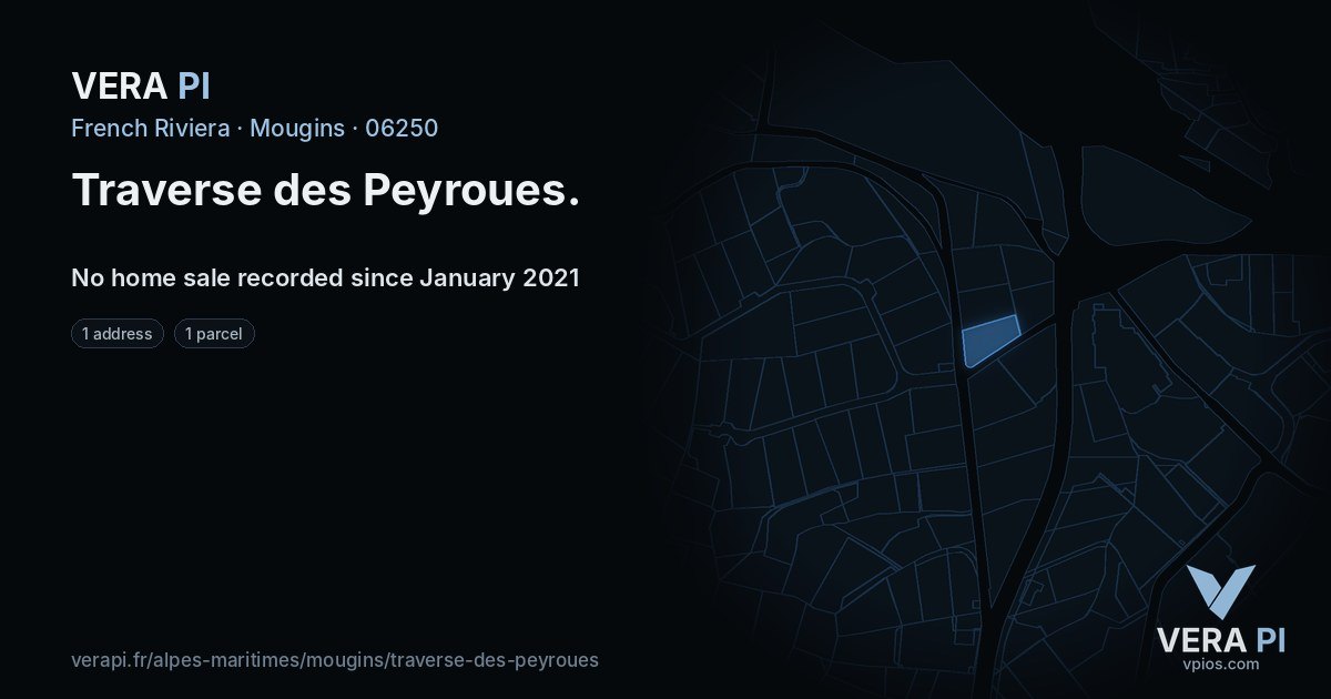 Traverse des Peyroues, Mougins at night – every parcel coloured by the prices around it, the street's own parcels lit