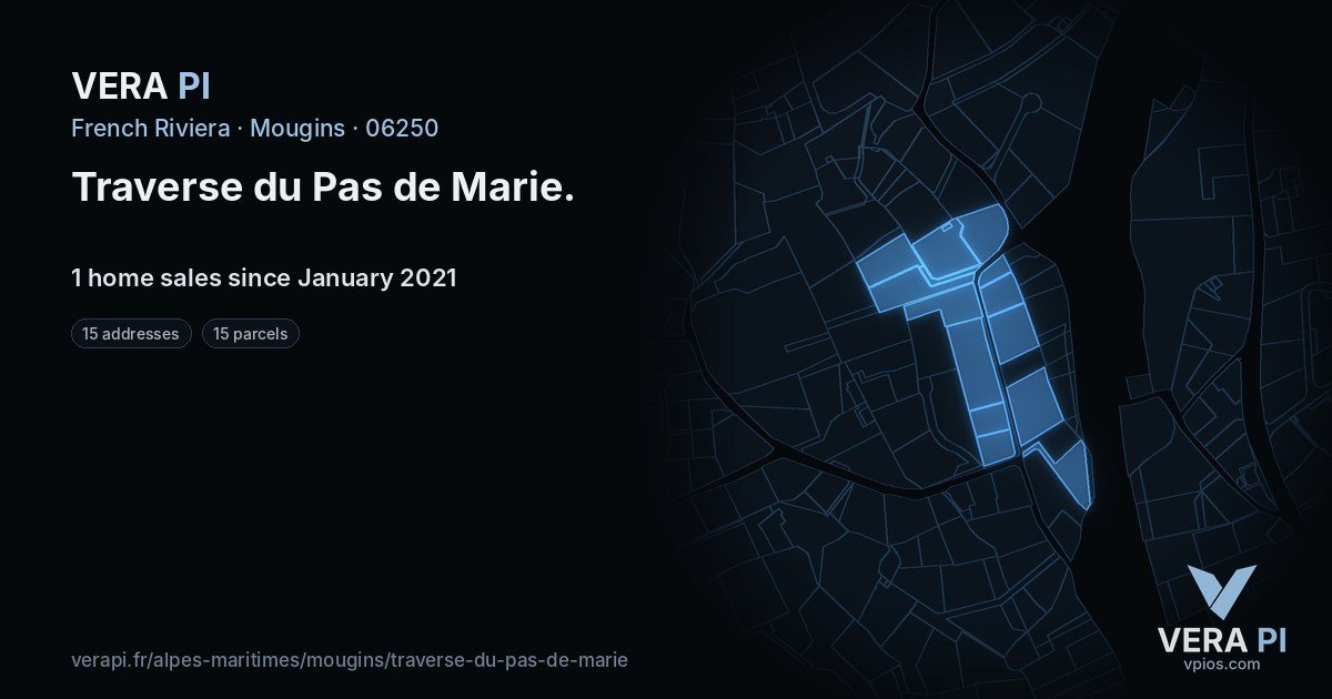 Traverse du Pas de Marie, Mougins at night – every parcel coloured by the prices around it, the street's own parcels lit