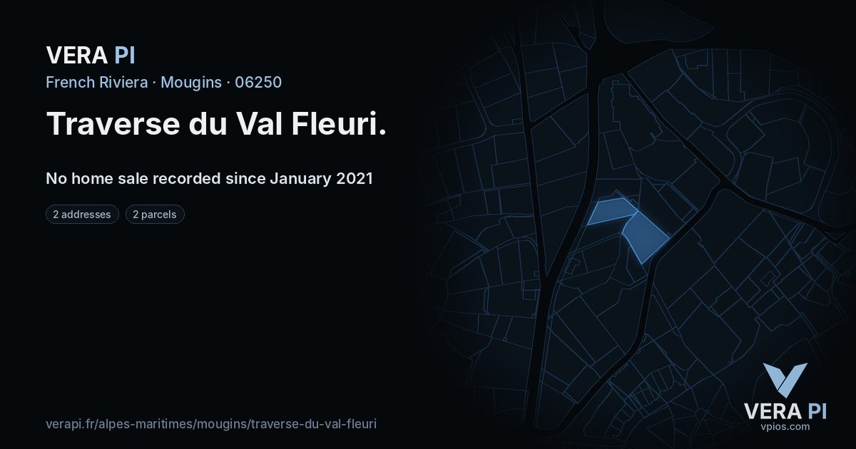 Traverse du Val Fleuri, Mougins at night – every parcel coloured by the prices around it, the street's own parcels lit