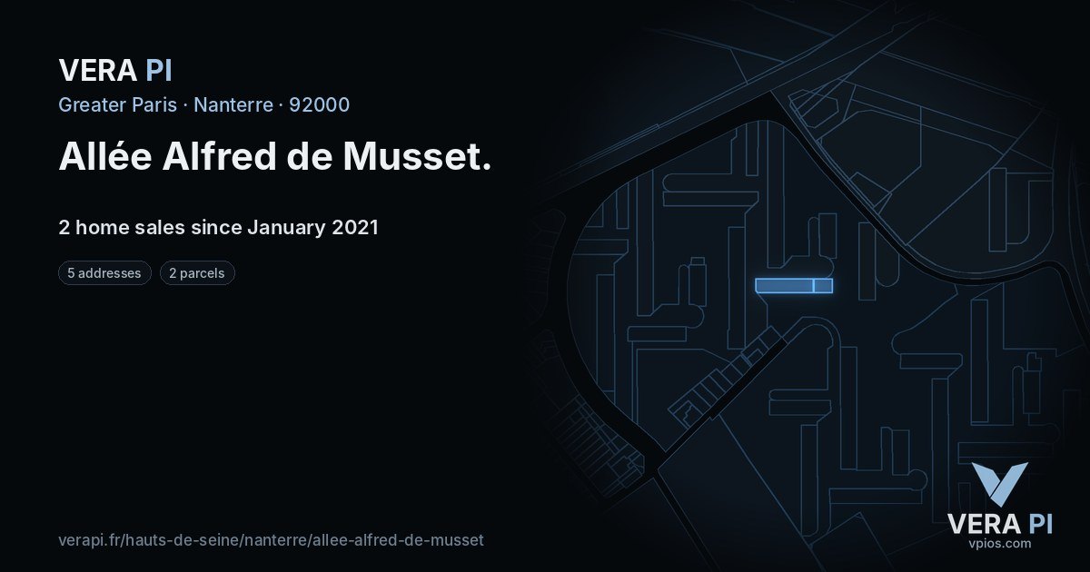 Allée Alfred de Musset, Nanterre at night – every parcel coloured by the prices around it, the street's own parcels lit