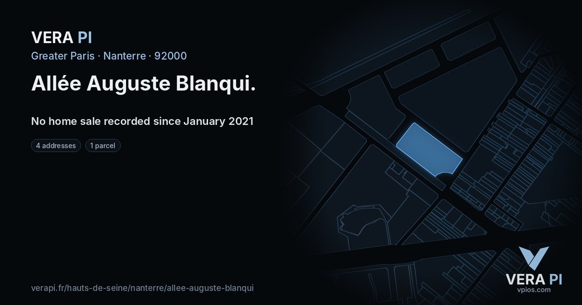 Allée Auguste Blanqui, Nanterre at night – every parcel coloured by the prices around it, the street's own parcels lit