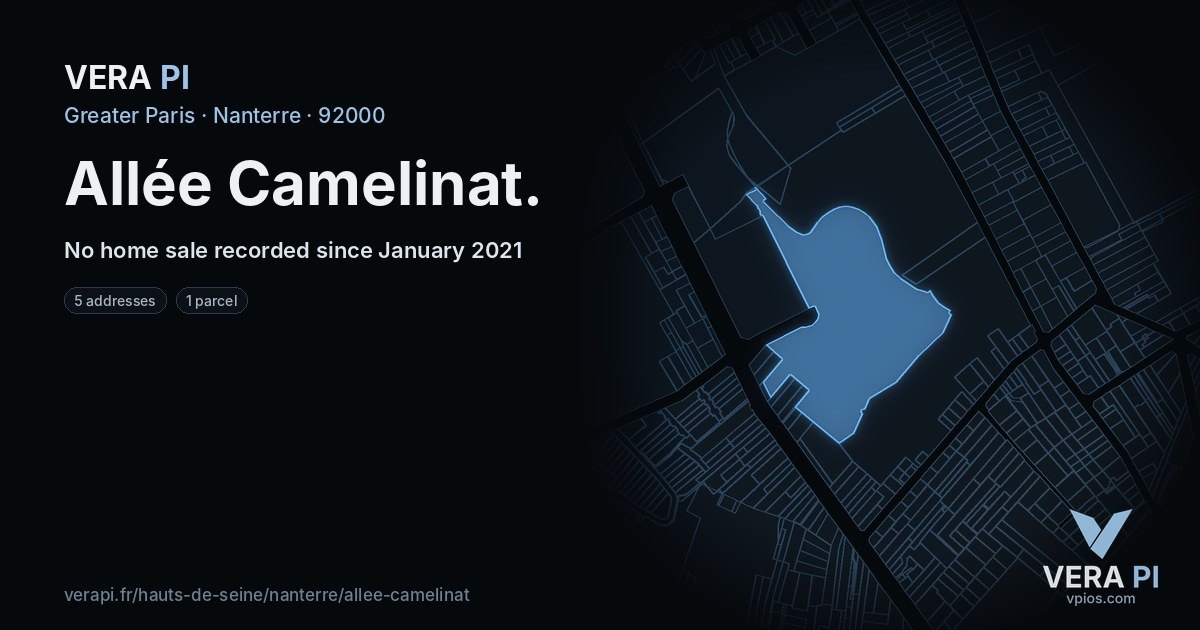 Allée Camelinat, Nanterre at night – every parcel coloured by the prices around it, the street's own parcels lit