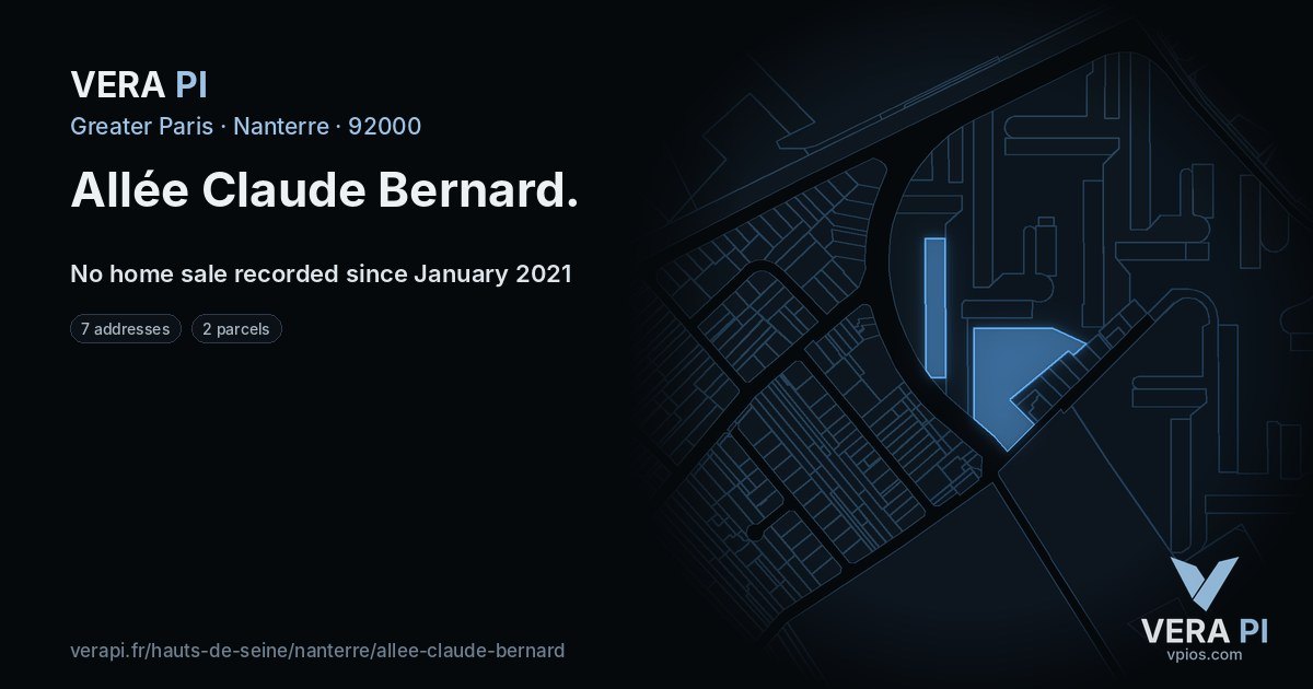 Allée Claude Bernard, Nanterre at night – every parcel coloured by the prices around it, the street's own parcels lit