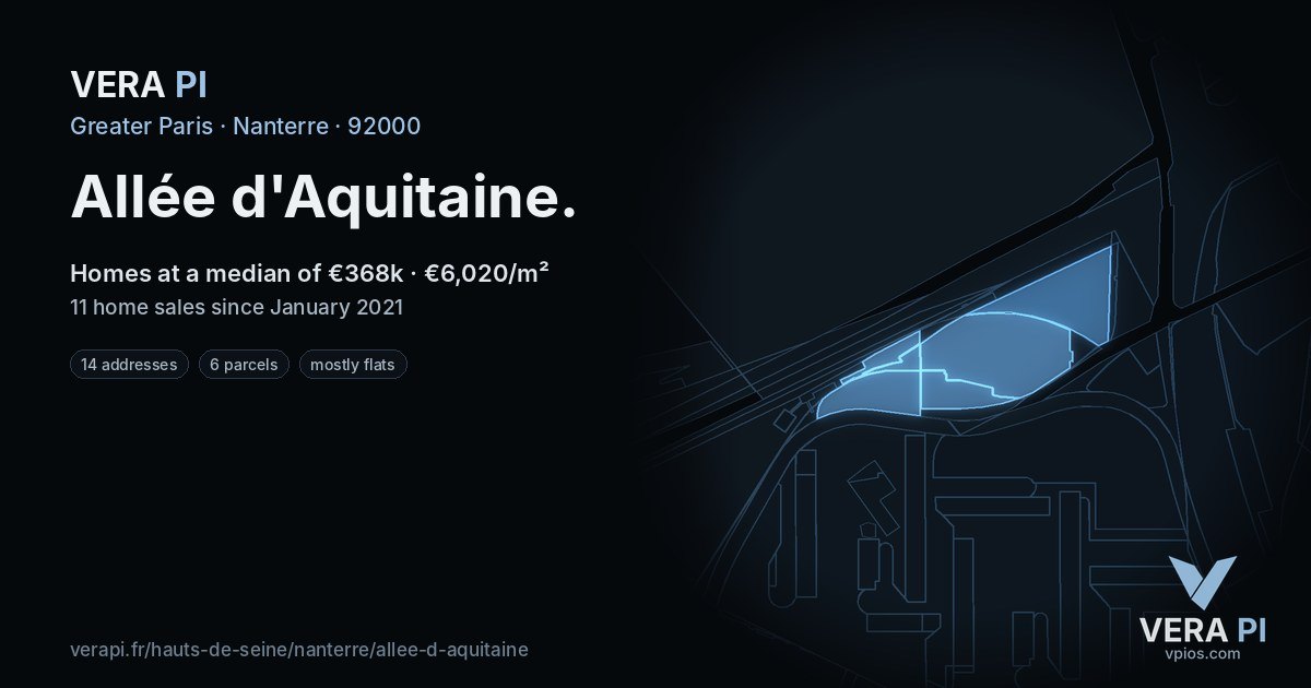 Allée d'Aquitaine, Nanterre at night – every parcel coloured by the prices around it, the street's own parcels lit