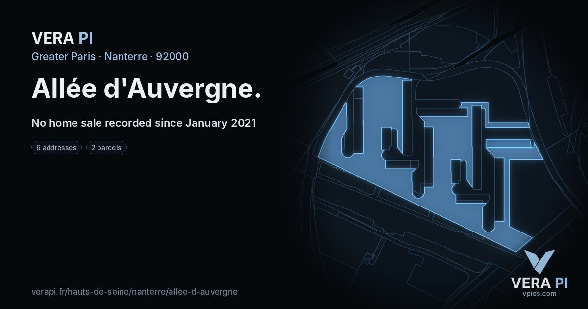 Allée d'Auvergne, Nanterre at night – every parcel coloured by the prices around it, the street's own parcels lit