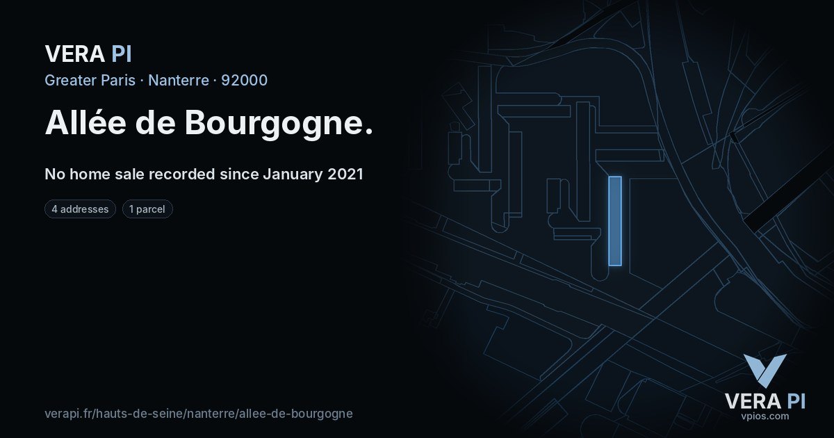 Allée de Bourgogne, Nanterre at night – every parcel coloured by the prices around it, the street's own parcels lit