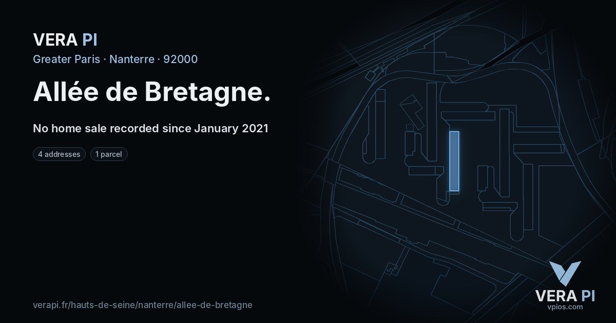 Allée de Bretagne, Nanterre at night – every parcel coloured by the prices around it, the street's own parcels lit