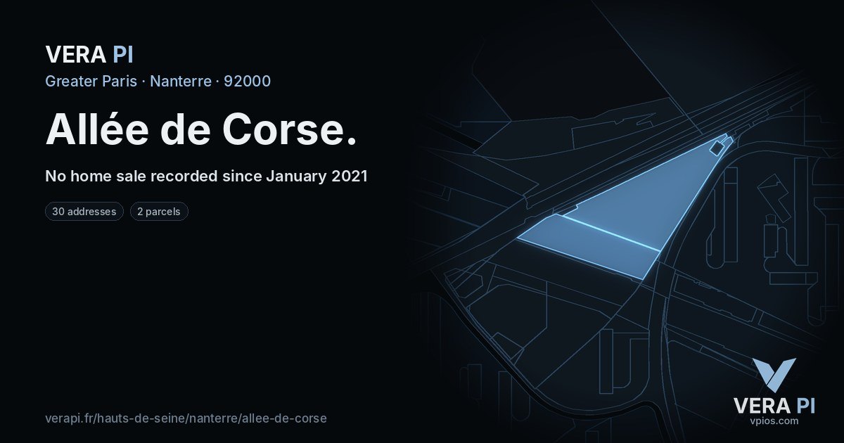 Allée de Corse, Nanterre at night – every parcel coloured by the prices around it, the street's own parcels lit