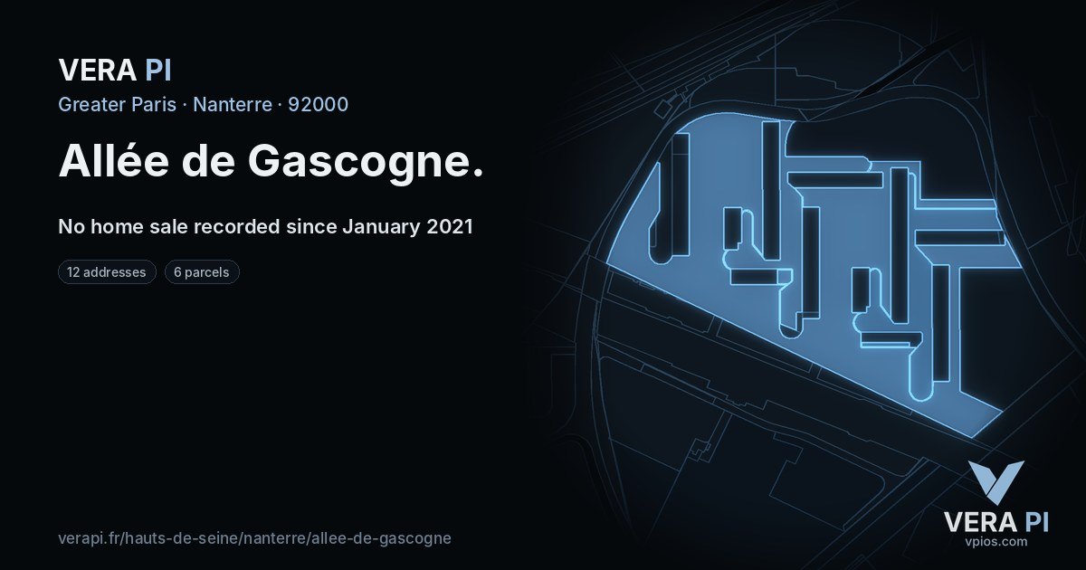 Allée de Gascogne, Nanterre at night – every parcel coloured by the prices around it, the street's own parcels lit