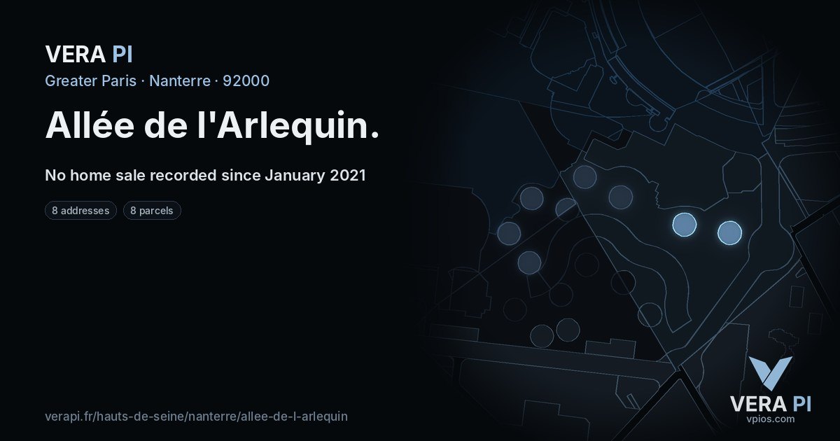 Allée de l'Arlequin, Nanterre at night – every parcel coloured by the prices around it, the street's own parcels lit