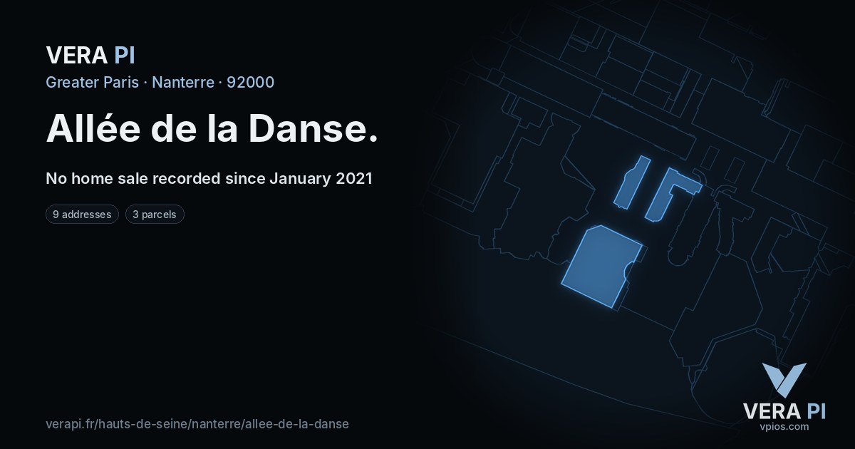 Allée de la Danse, Nanterre at night – every parcel coloured by the prices around it, the street's own parcels lit