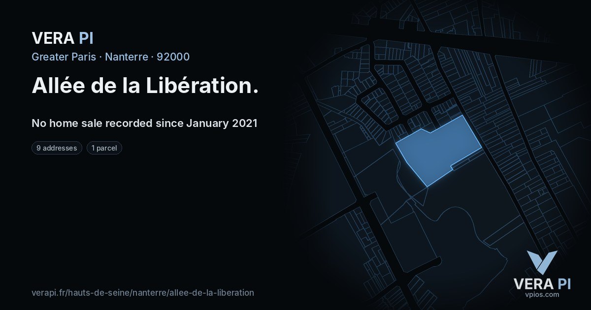 Allée de la Libération, Nanterre at night – every parcel coloured by the prices around it, the street's own parcels lit