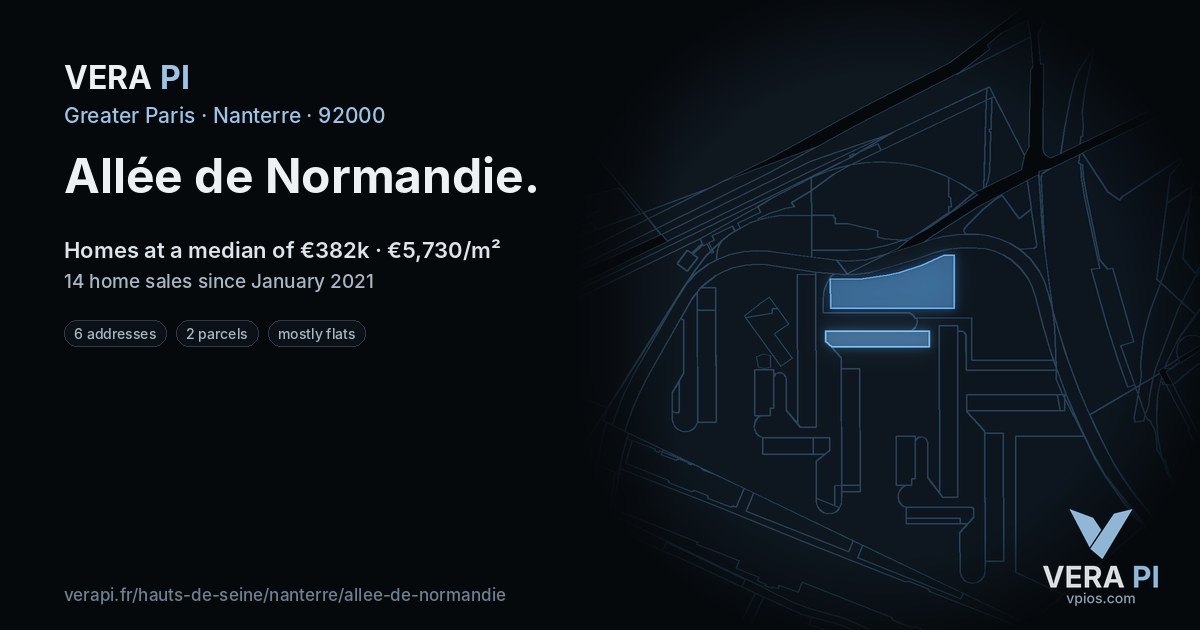 Allée de Normandie, Nanterre at night – every parcel coloured by the prices around it, the street's own parcels lit