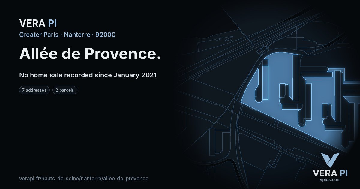 Allée de Provence, Nanterre at night – every parcel coloured by the prices around it, the street's own parcels lit